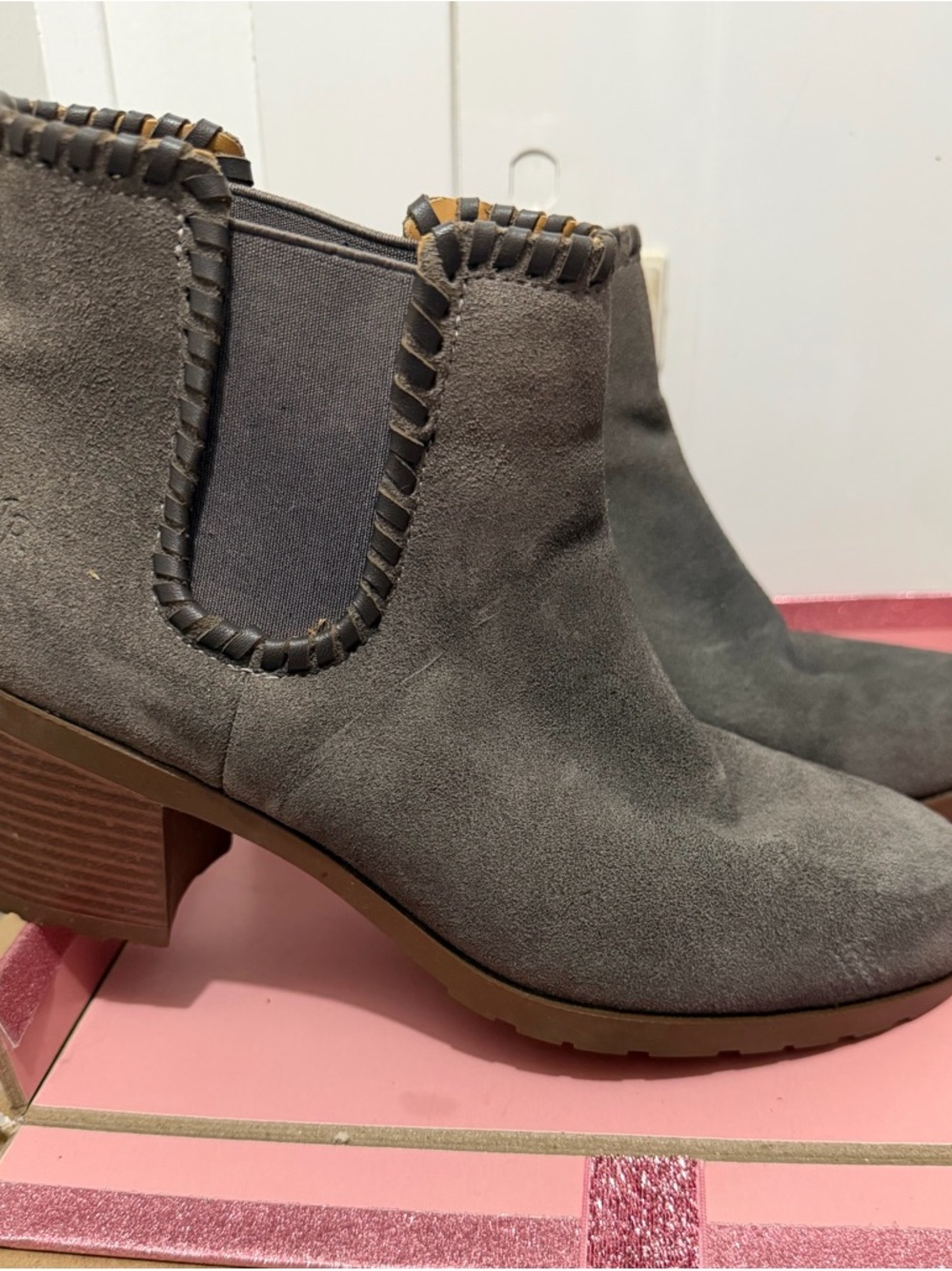 Gray Suede Ankle Booties with Whipstitch Trim